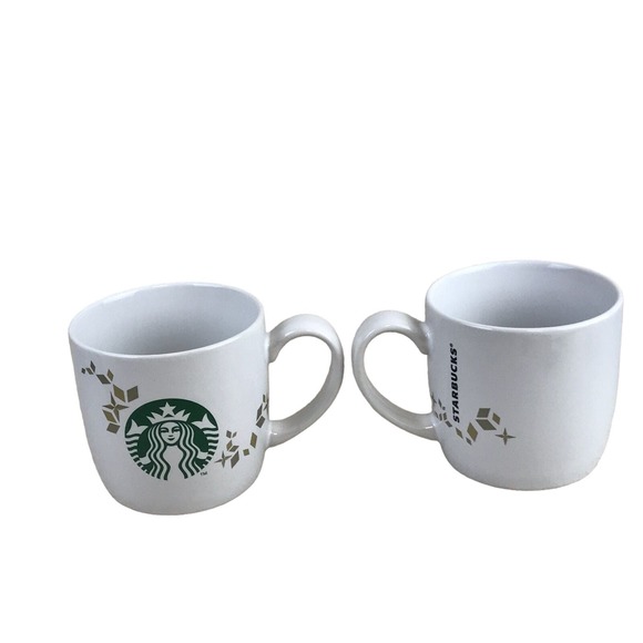 Starbucks 2 Mug‎ Lot Holiday Collection 2013 Mermaid Siren Logo Gold Snowflakes - Picture 3 of 8